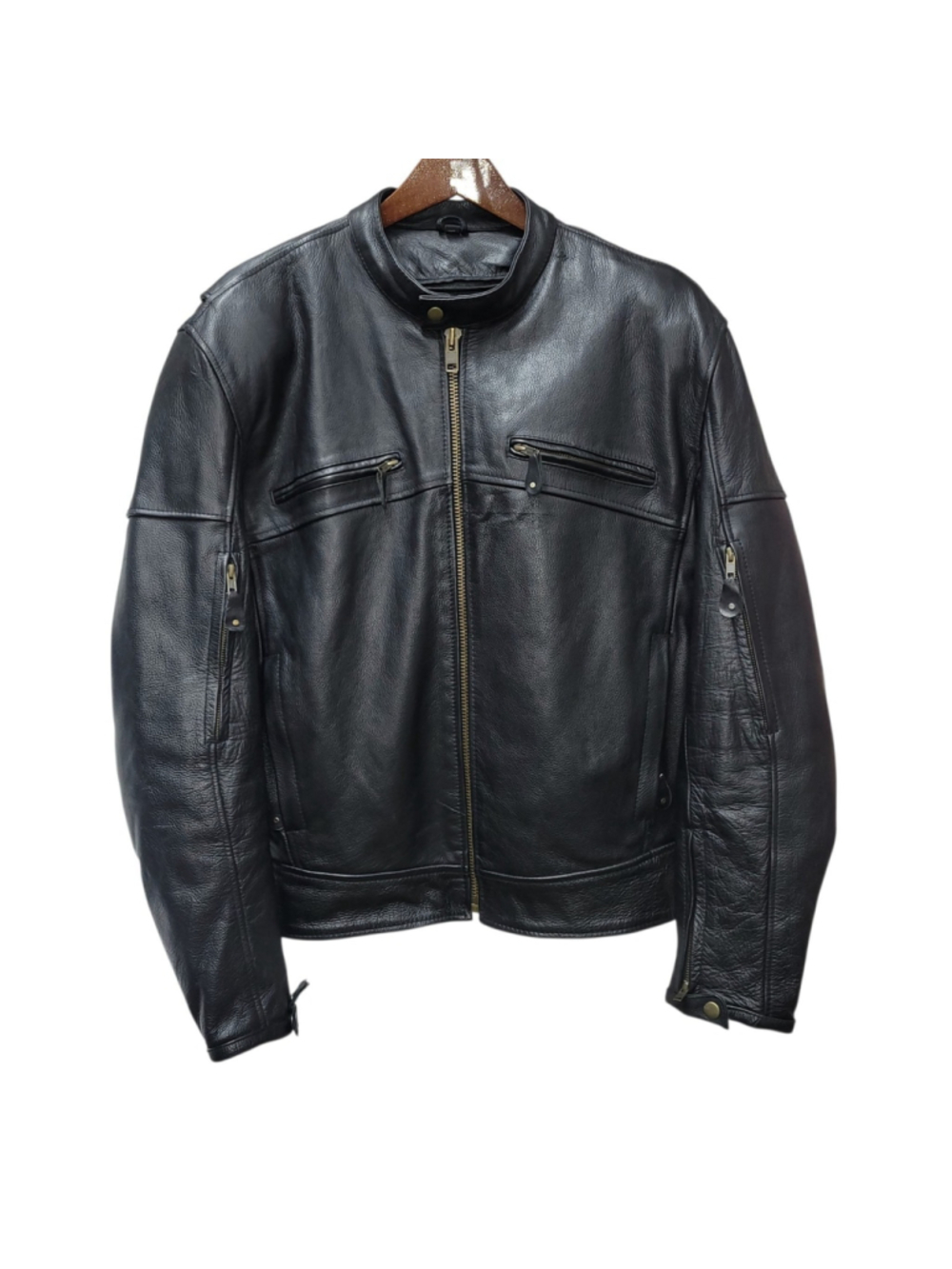 Xelement Men Black Full-Zip Leather Motorcycle Biker Jacket Large Zip Out Liner